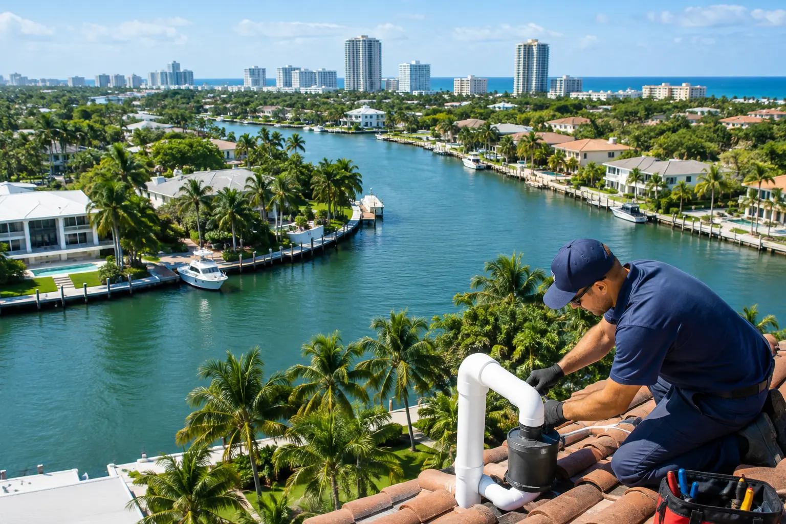 Illustrative Florida neighborhoods and waterways with a plumber in the foreground