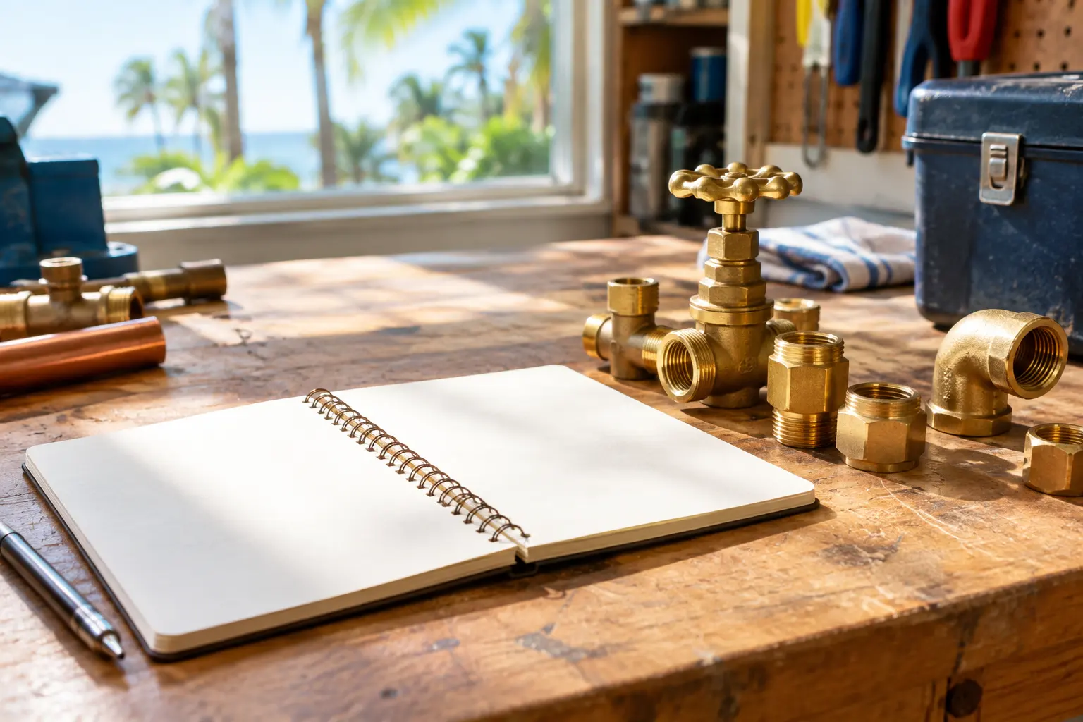Illustrative notebook, water glass, and plumbing fittings on a workbench