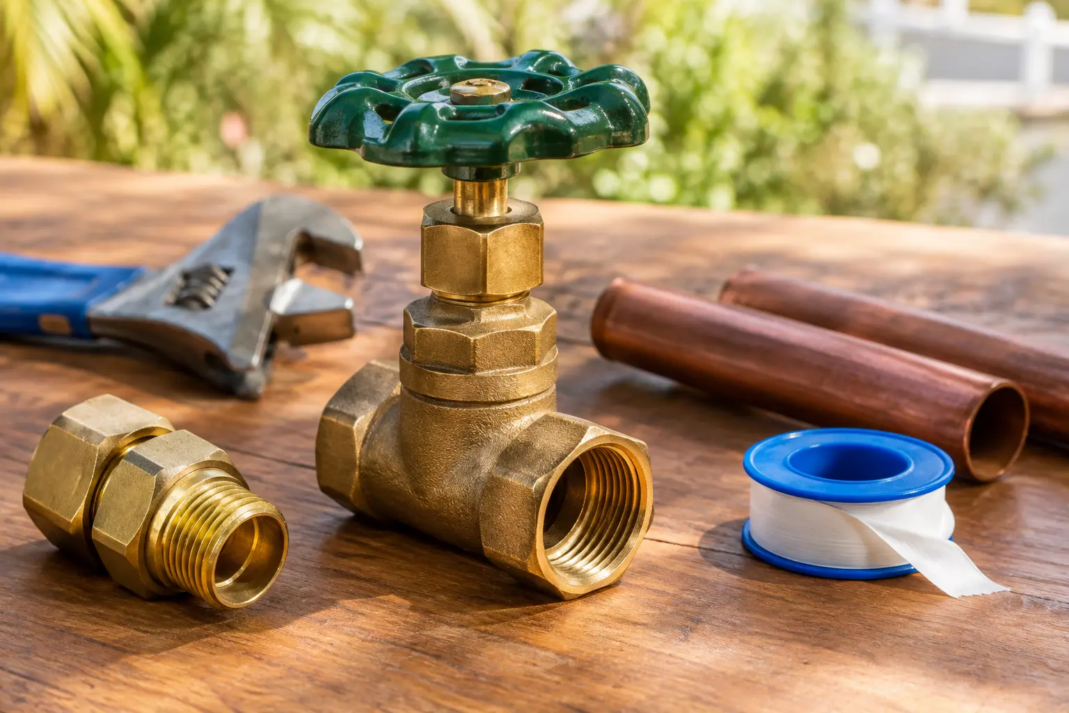 Illustrative valve, copper fittings, and plumbing tools on a workbench