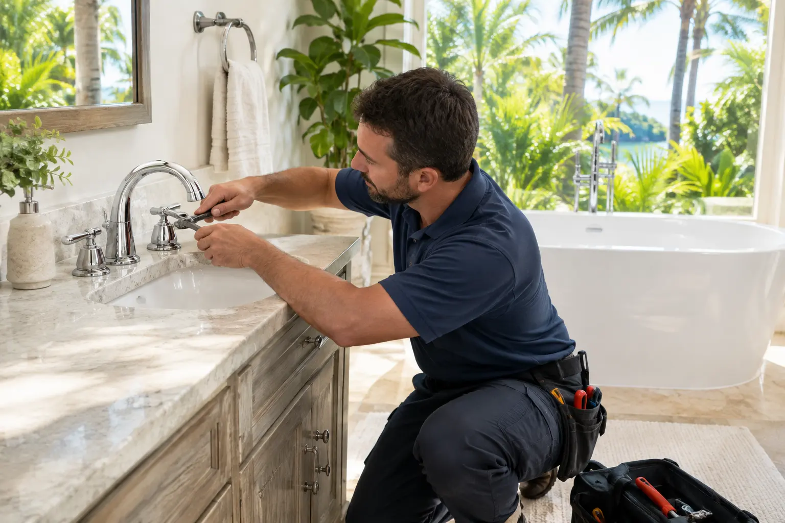 Illustrative plumber adjusting a faucet in a bright bathroom
