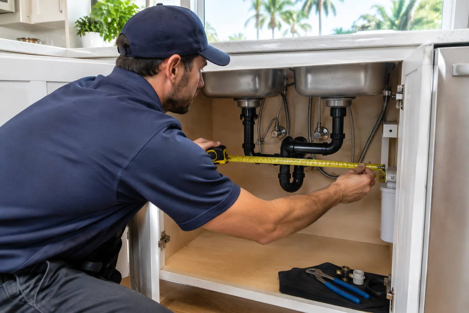 Plumber stretching a tape measure across the drain pipes inside an open double sink cabinet