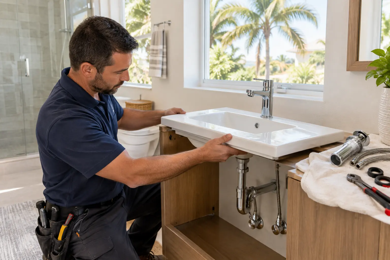 Plumber fitting a white vessel sink onto a wooden vanity in a sunny bathroom, with drain parts and tools on a towel