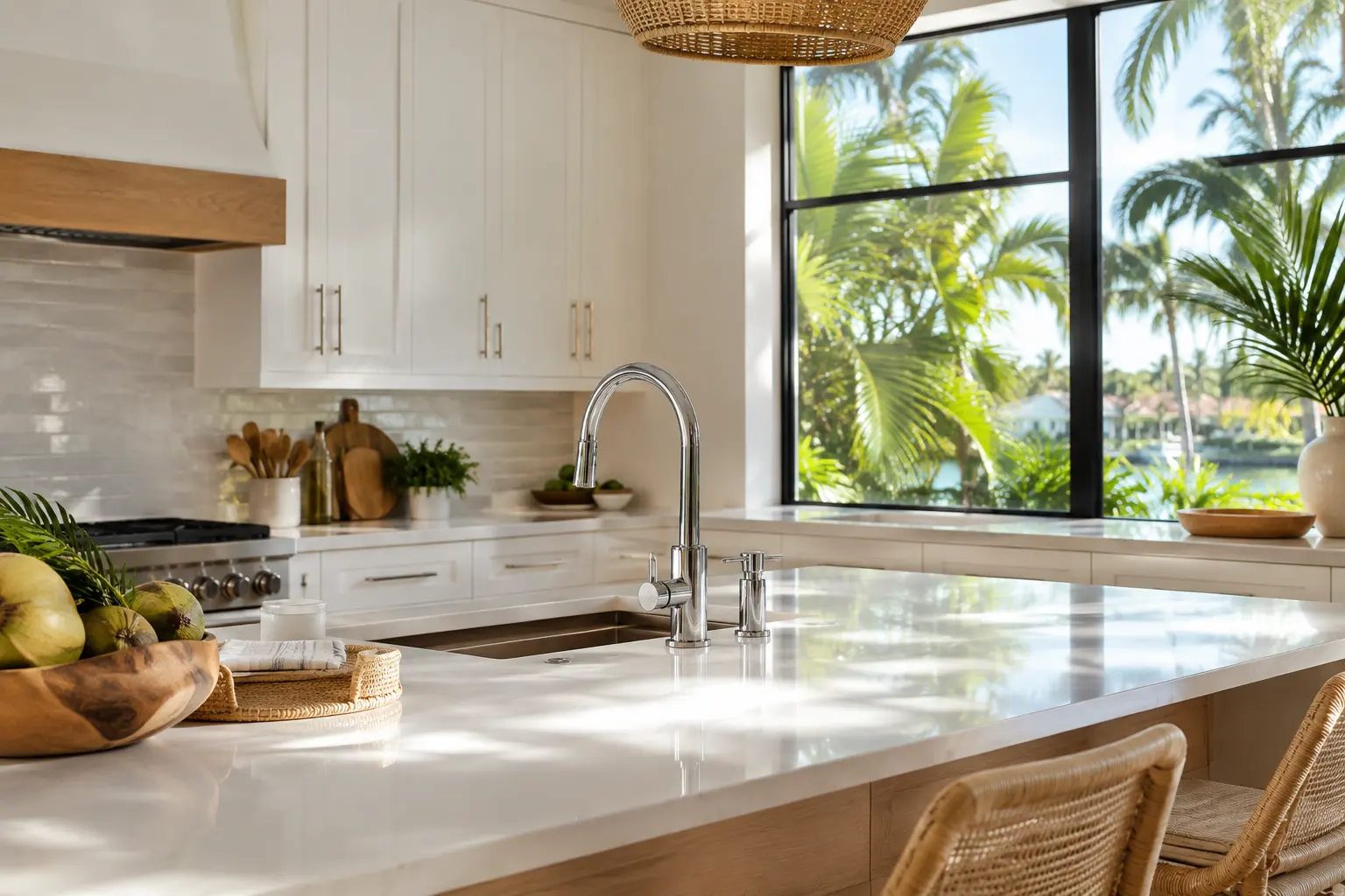 Illustrative sunlit Florida kitchen with a chrome faucet and palms outside