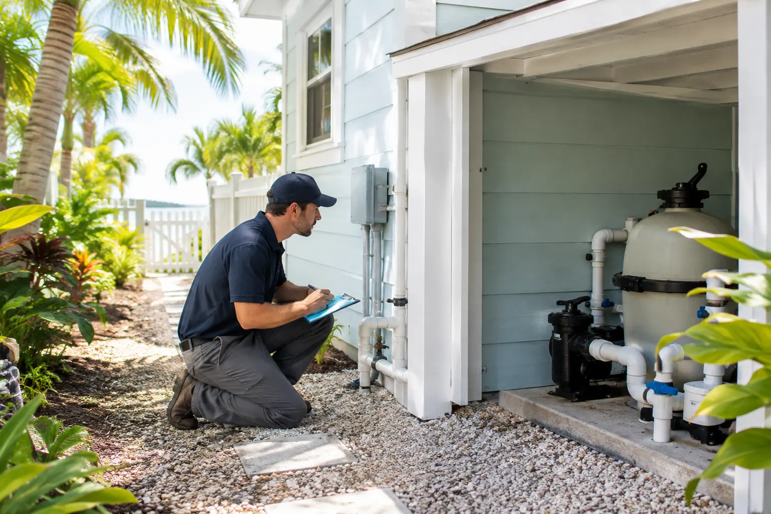 Plumber taking notes beside outdoor plumbing equipment at a pale blue cottage style home with tropical plants