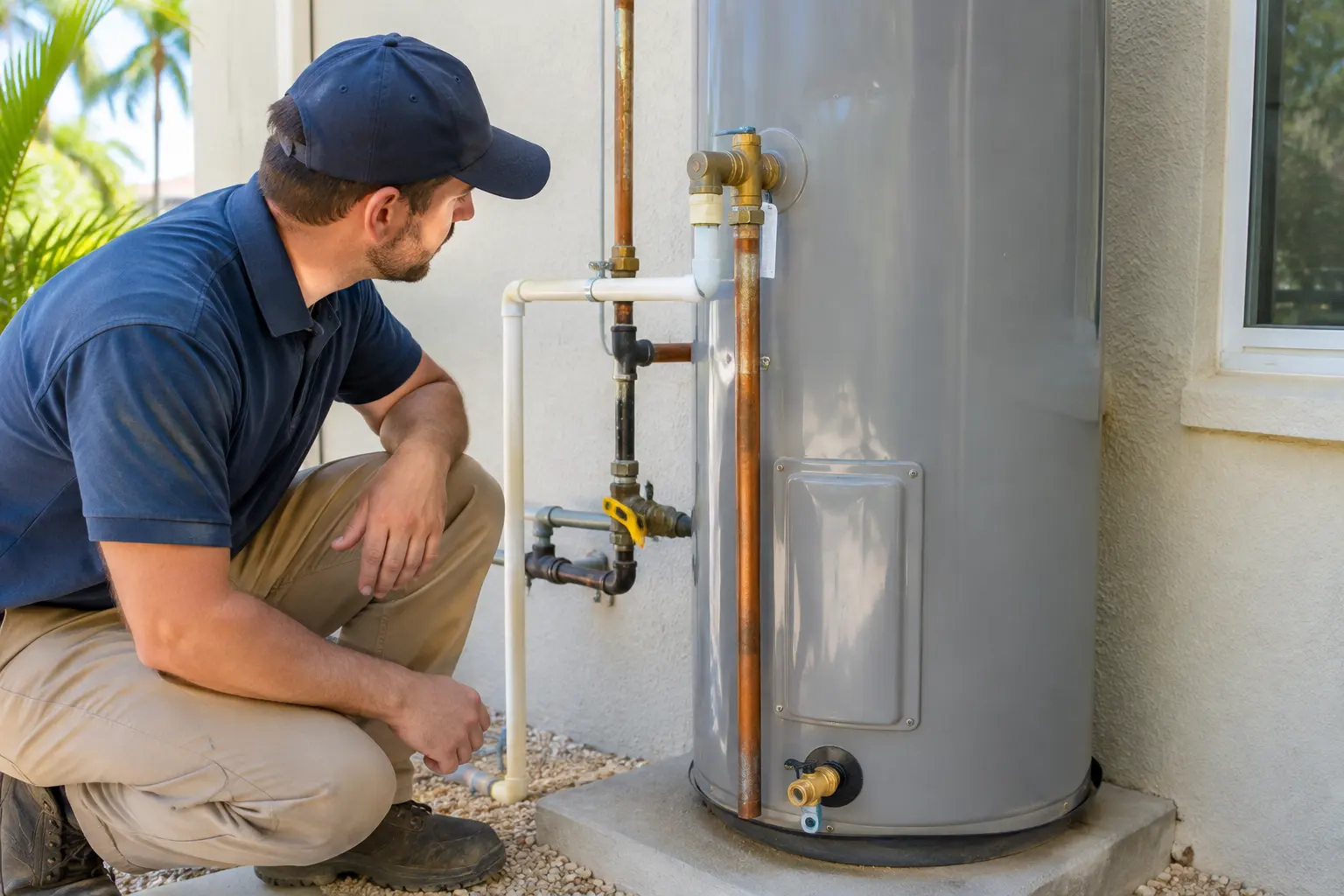 Plumber crouching beside an outdoor water heater on a concrete pad, inspecting its copper supply lines and valves