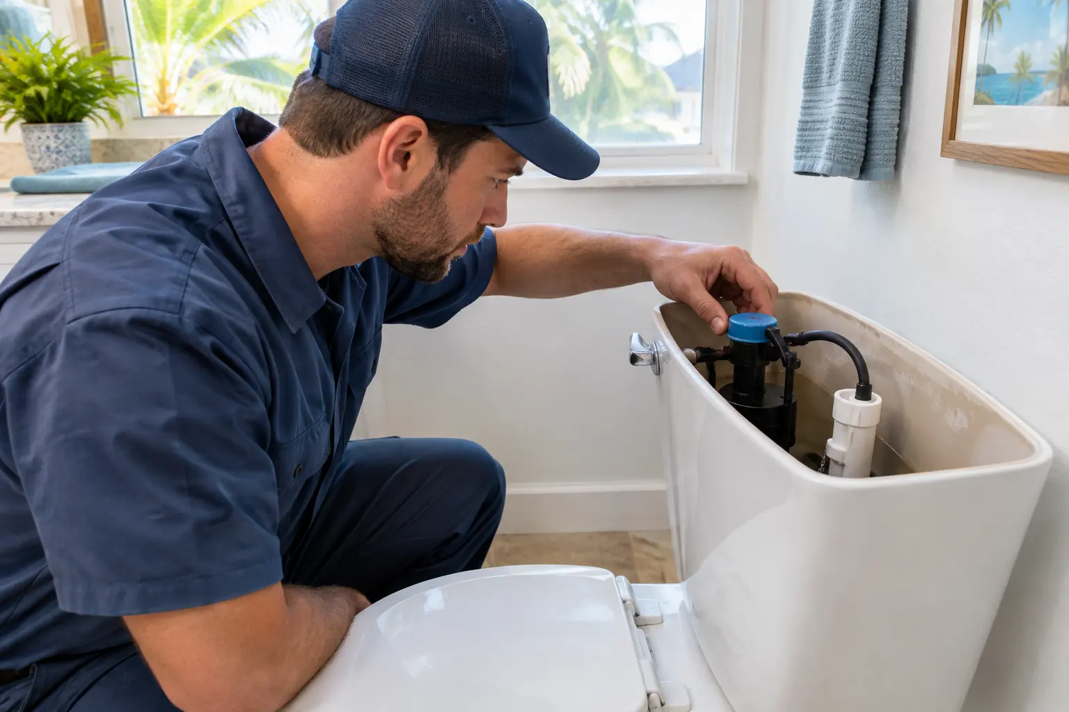 Plumber adjusting the fill valve inside an open toilet tank in a bright bathroom