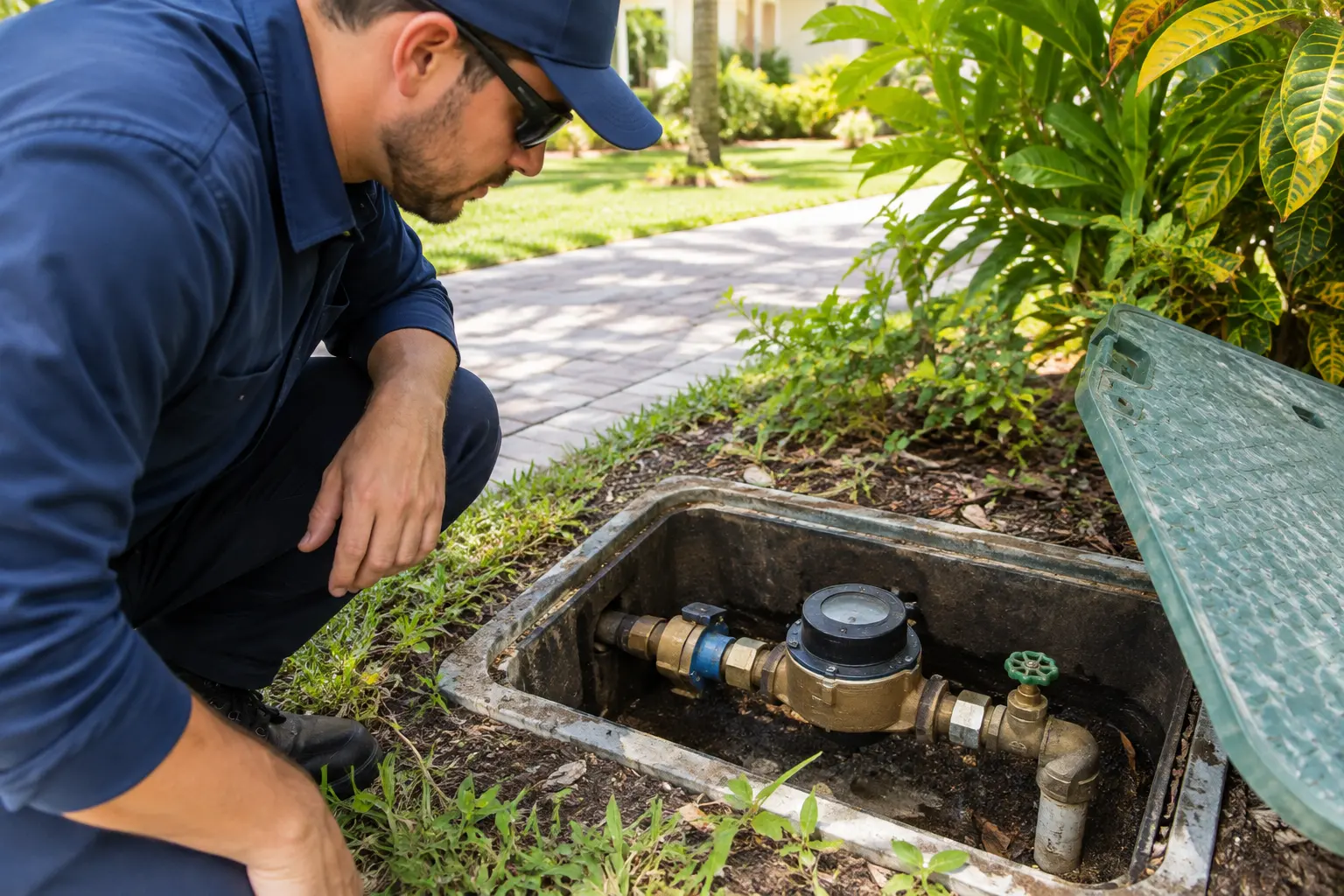 Plumber kneeling beside an open ground level water meter box with brass fittings in a landscaped yard
