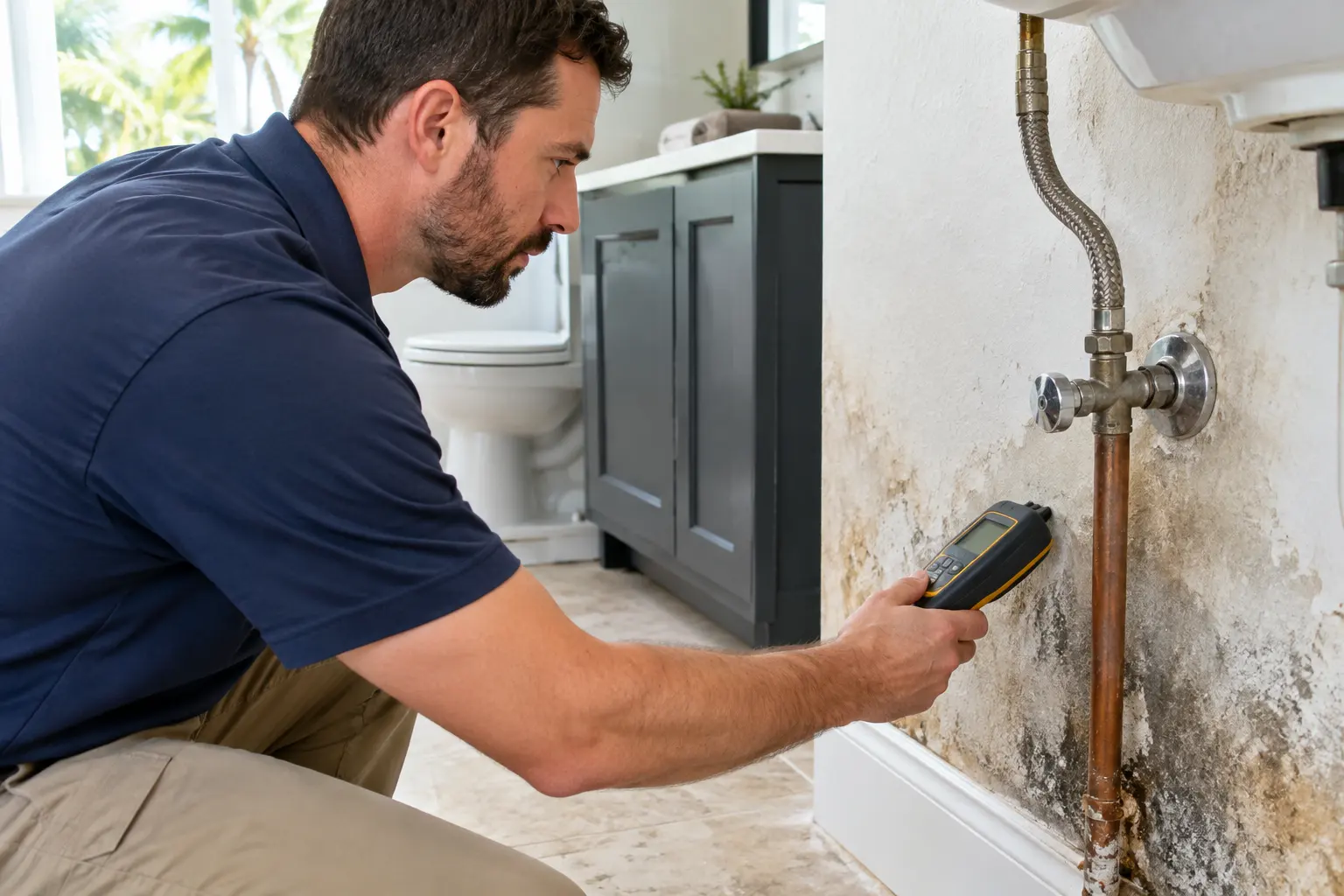 Technician checking a wall for moisture to trace a hidden water leak