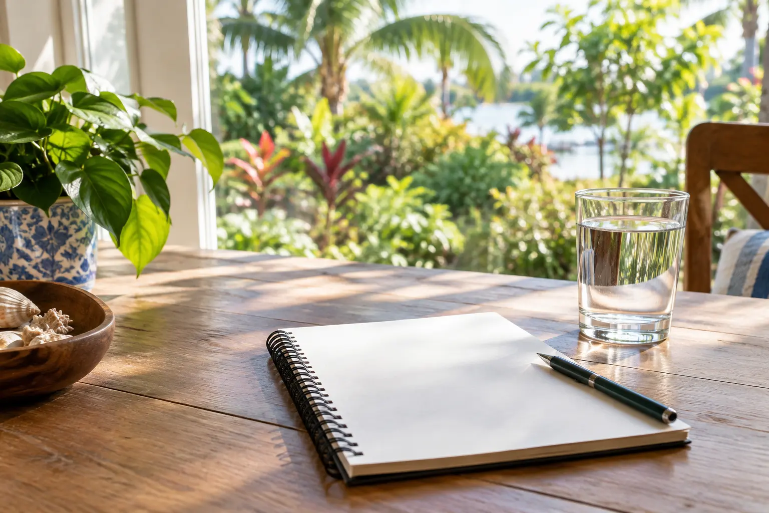 Neatly organized paperwork on a desk in a sunlit home office