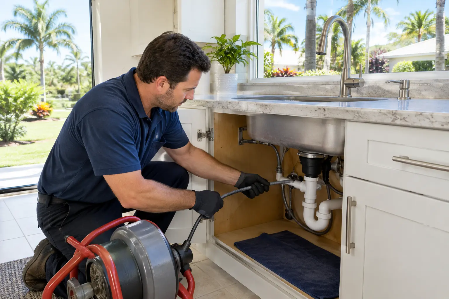 Plumber feeding a drain cleaning machine cable into the pipes beneath a kitchen sink in a bright Florida home