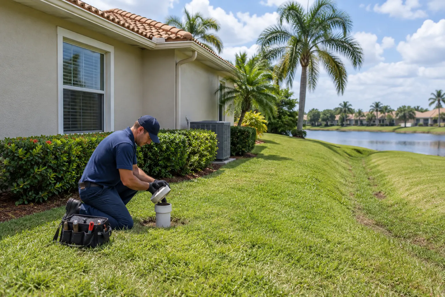 Plumber kneeling at an outdoor sewer cleanout on a grassy slope beside a home near a lake