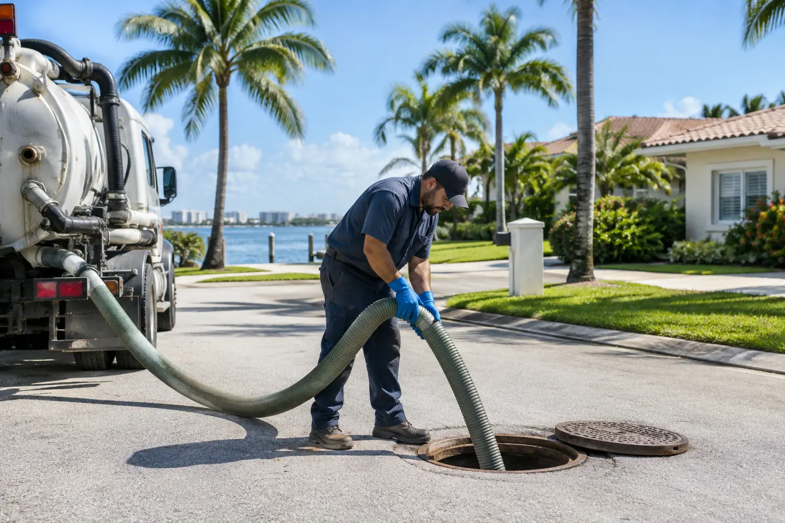 Illustrative plumber beside a service vehicle on a palm lined residential street