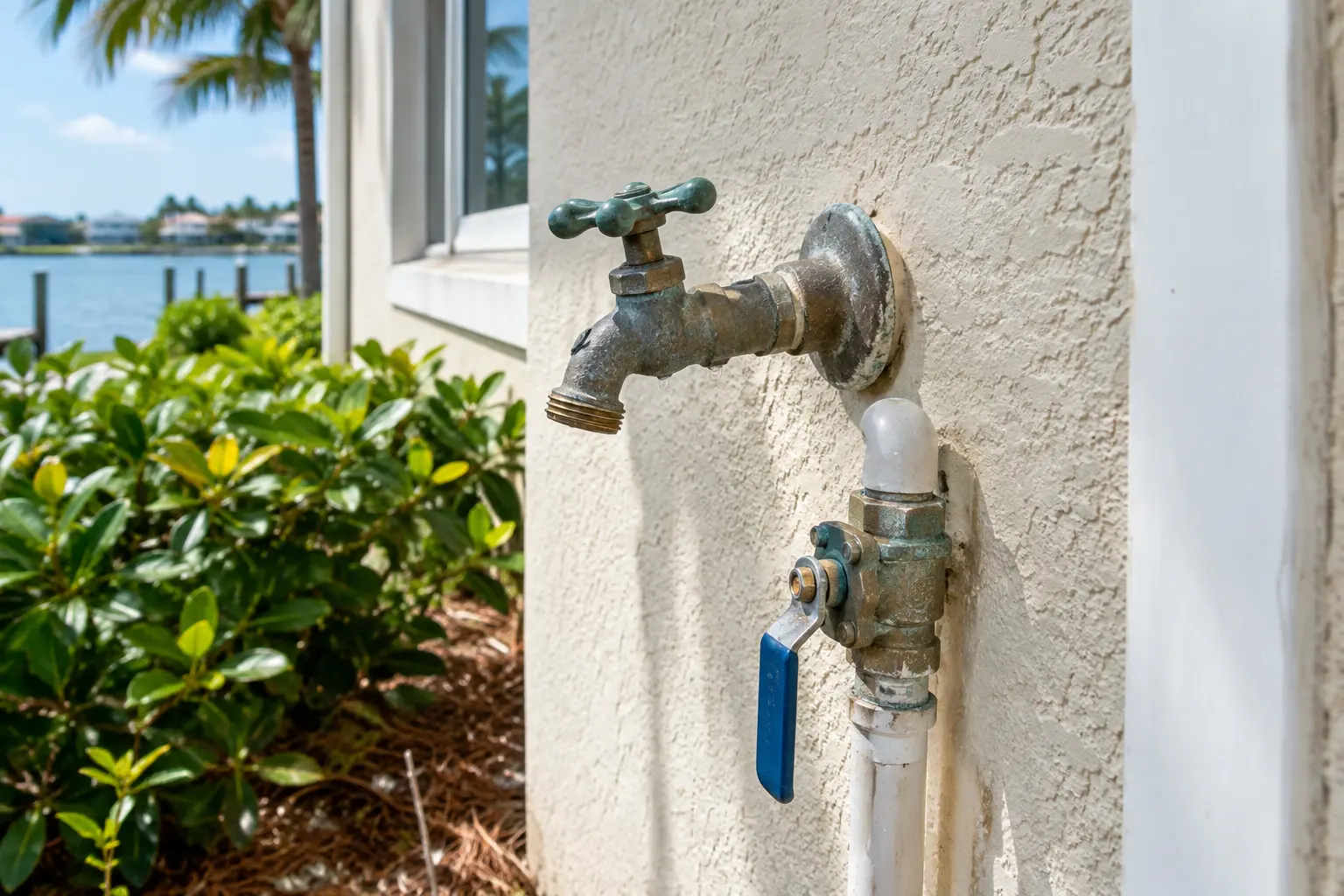 Illustrative outdoor hose bib and supply valve on the side of a coastal Florida home