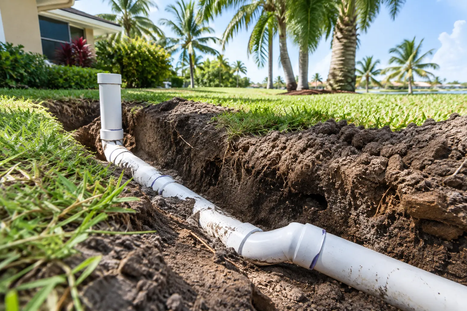 Exposed residential sewer pipe in a yard trench ready for repair