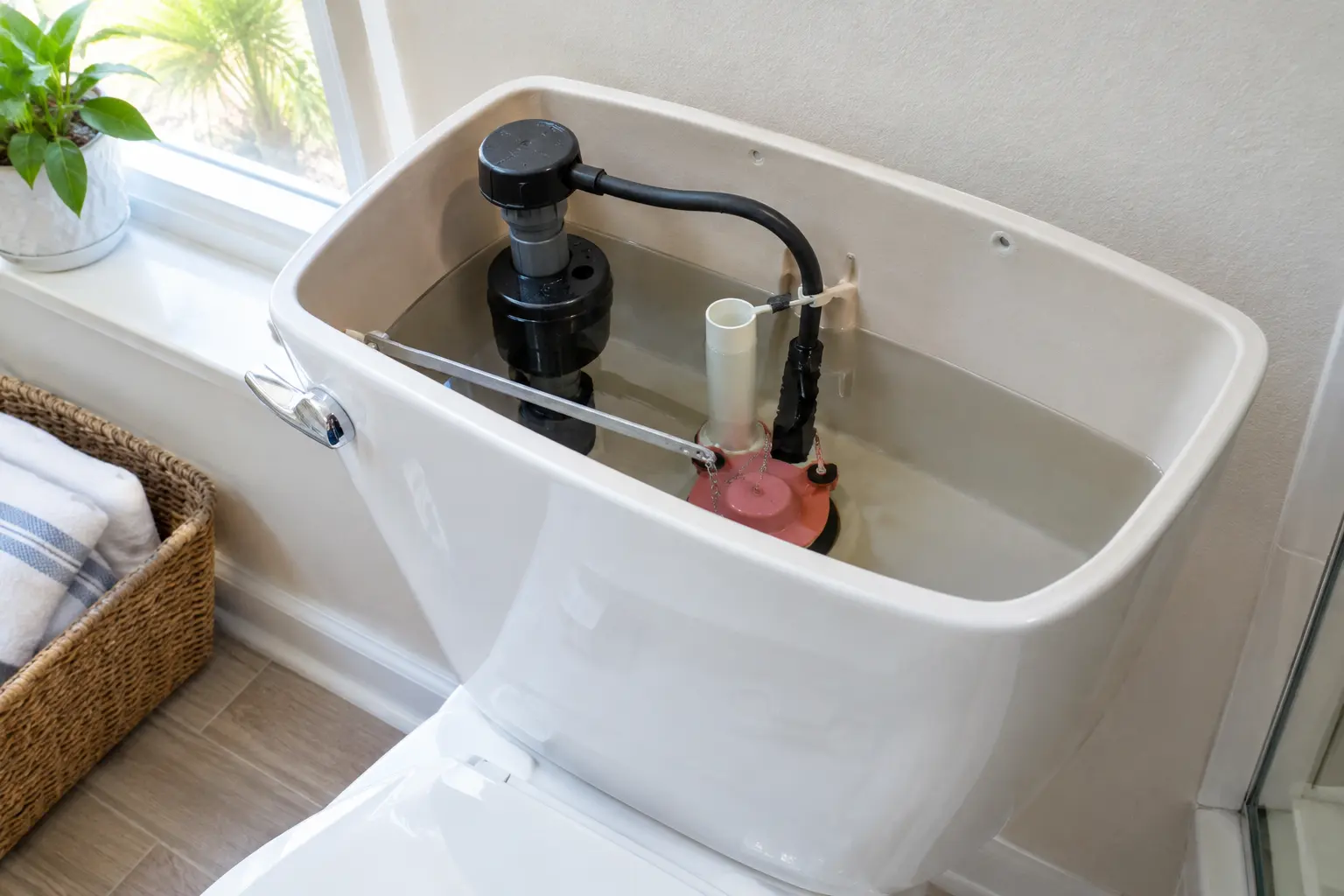 Illustrative open toilet tank showing a fill valve and flush components